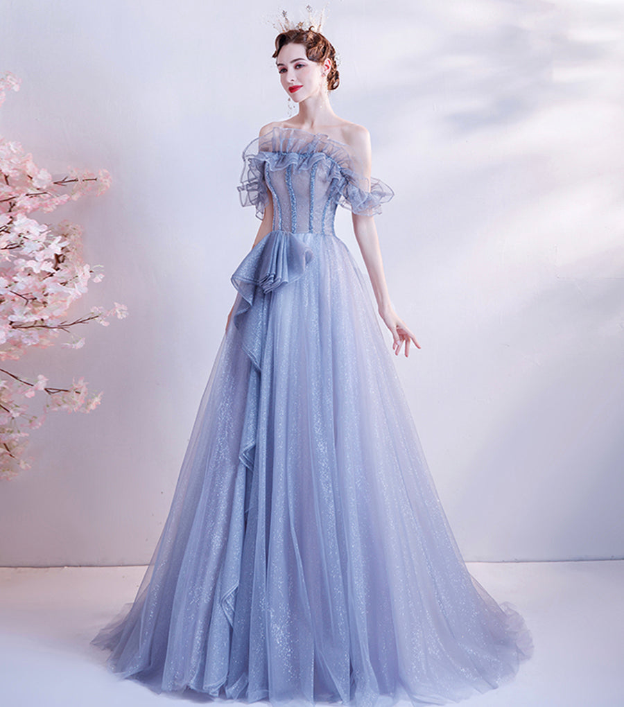 Blue tulle sequins long ball gown dress formal dress  8543
