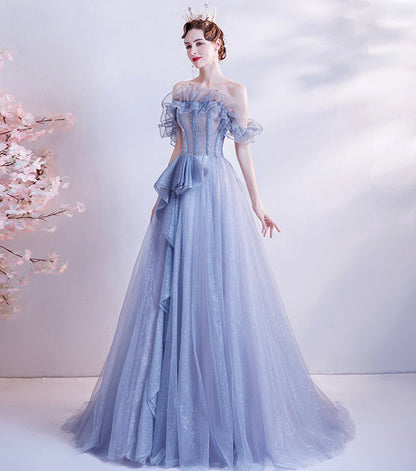 Blue tulle sequins long ball gown dress formal dress  8543