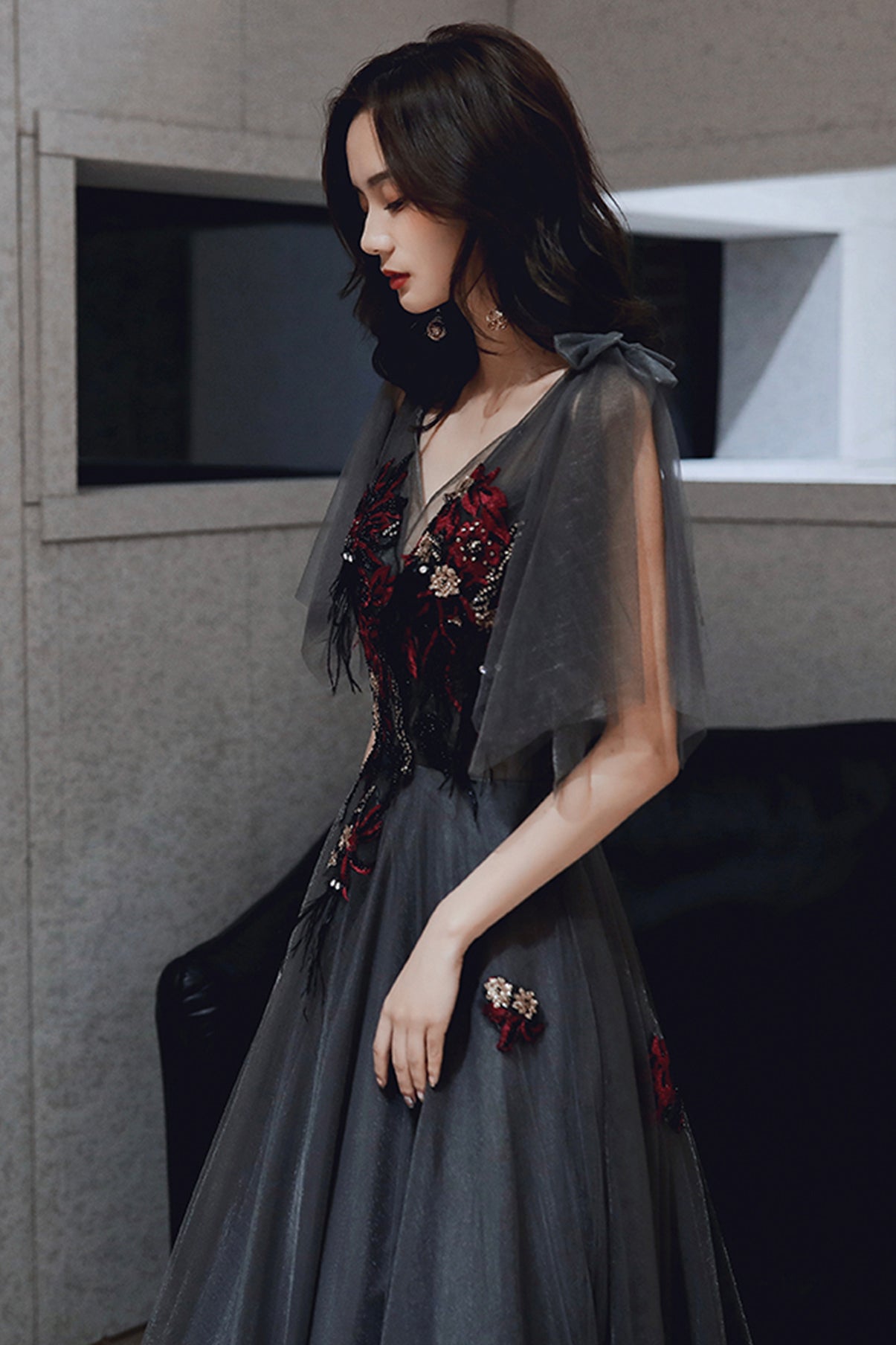 Black lace long prom dress black evening dress  8630