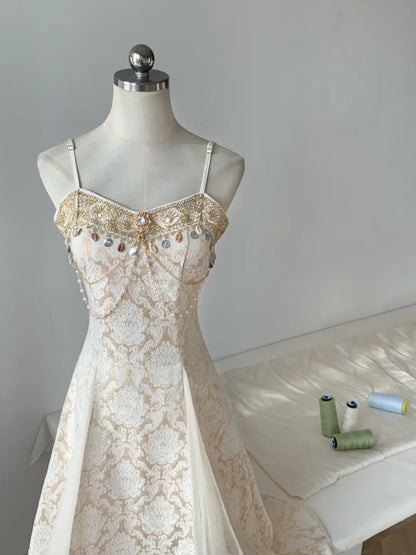 Streamer champagne retro elegant spaghetti straps Long chiffon stunning palace style birthday dress prom dress party dress gh4186