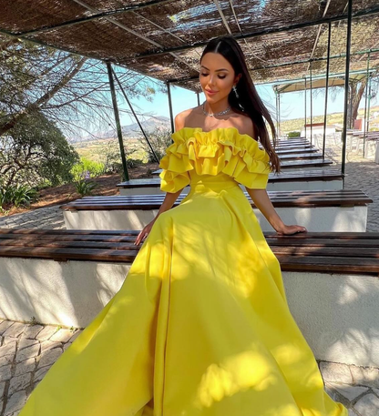 Charming A Line Off the Shoulder Yellow Satin Prom Dress Evening Dress SH2117