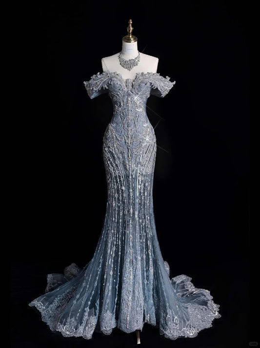 ____ilver Blue Luxurious Heavy Industry Sparkling Gorgeous Elegant Exquisite Beading Stunning Long Mermaid Dress Sequin Floor Length Trailing Prom Dress Evening Dress Wedding Dress gh4114