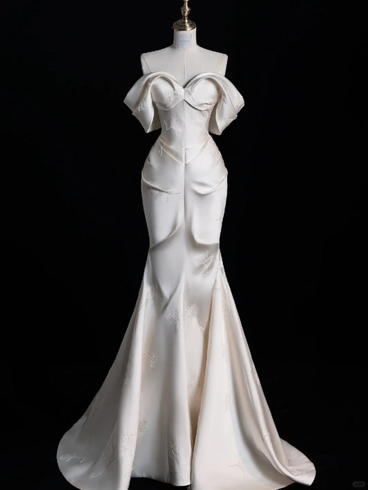 Ivory Elegant Satin Long Mermaid Slim Floor Length Ball Gown Evening Gown Wedding Dress gh4199