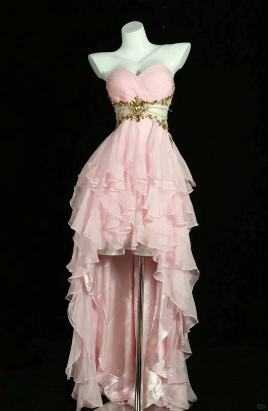 Pink ruffles rhinestones elegant beautiful long/short prom dress evening dress homecoming dress birthday party dress gh4723