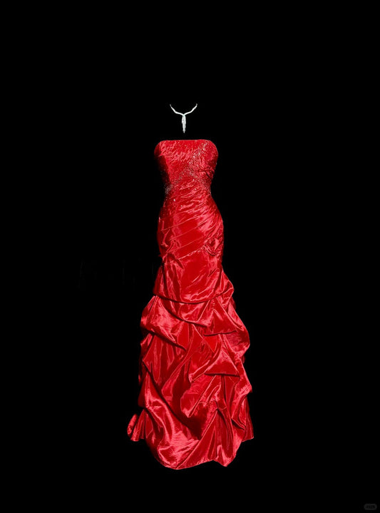 shopuniqlos-Red exquisite beaded vintage dress long satin floor-length ball gown graduation dress gh5241
