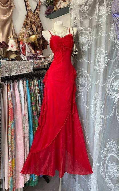 shopuniqlos-Red vintage long chiffon Prom Dress homecoming dress birthday dress gh5229