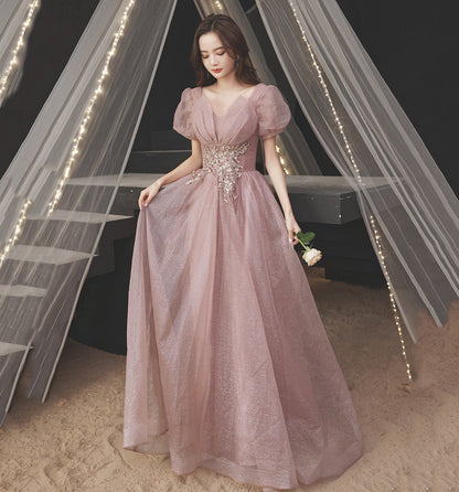 Pink tulle sequins long prom dress A line evening gown  10015