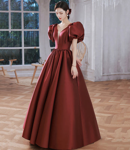 Burgundy v neck satin long prom gown A line formal gown  10314