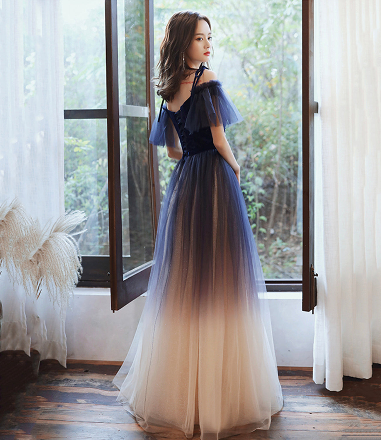 Blue velvet tulle long prom dress A line evening dress  10365