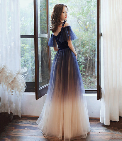 Blue velvet tulle long prom dress A line evening dress  10365