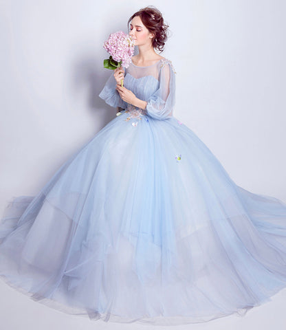 Blue tulle sequins long ball gown dress blue evening dress  10360