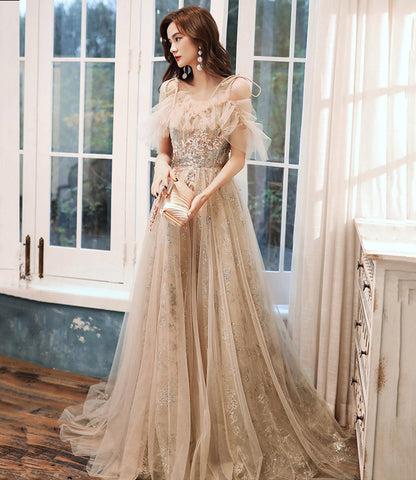 Champagne tulle sequins long prom dress evening dress  10390