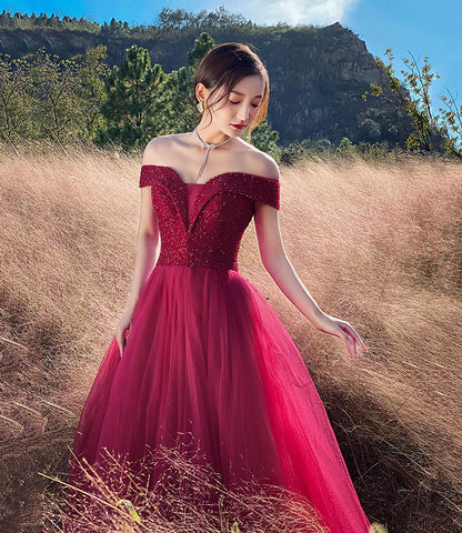 Red tulle beads long prom dress A line evening dress  10307