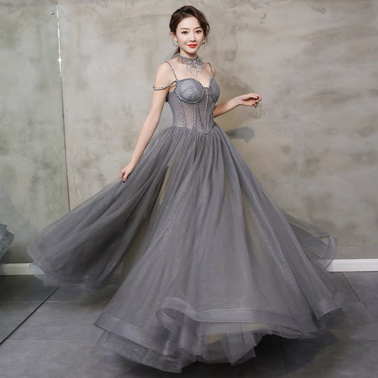 Gray tulle beads long prom gown A line evening gown  10111