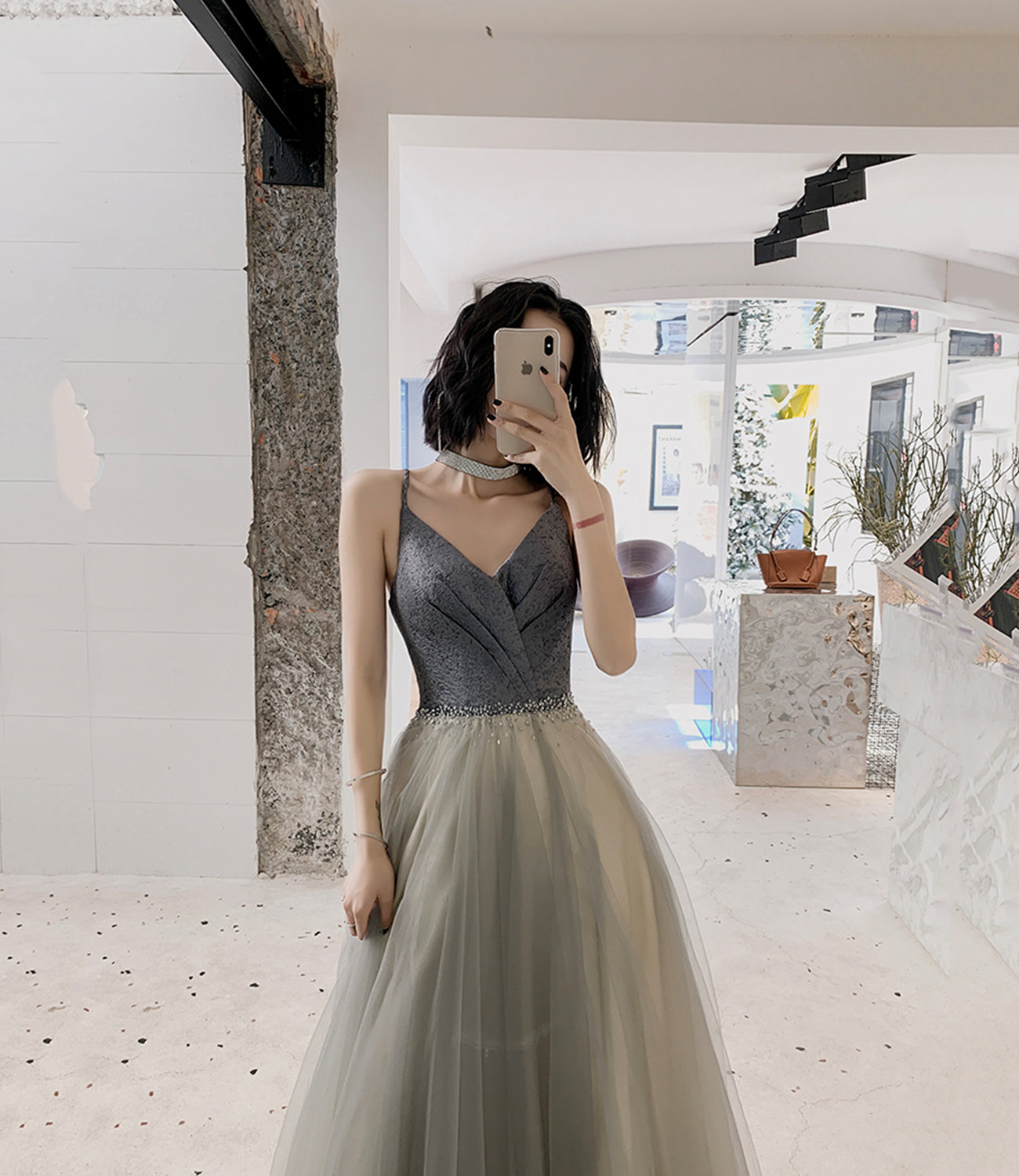 Gray tulle beads long prom dress A line evening dress  10514