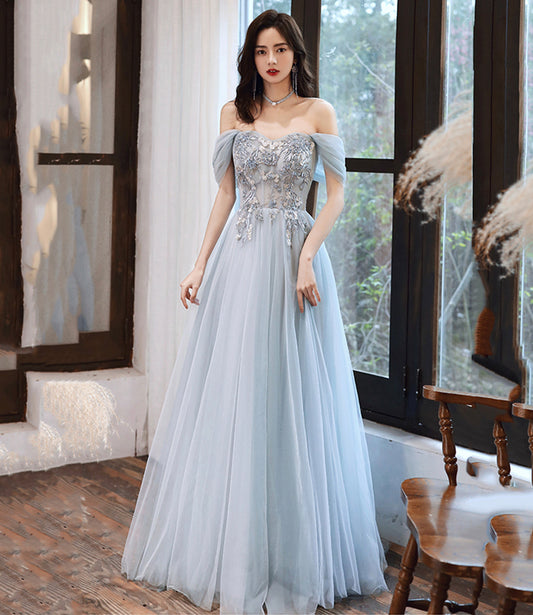 Gray tulle lace long A line prom dress evening dress  8698