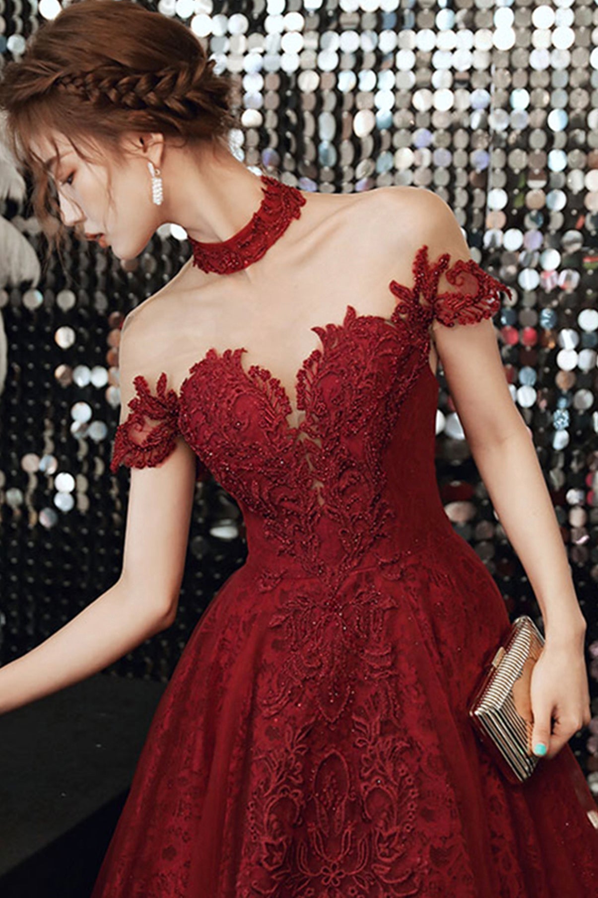 Burgundy tulle beads long A line prom dress evening dress  8761