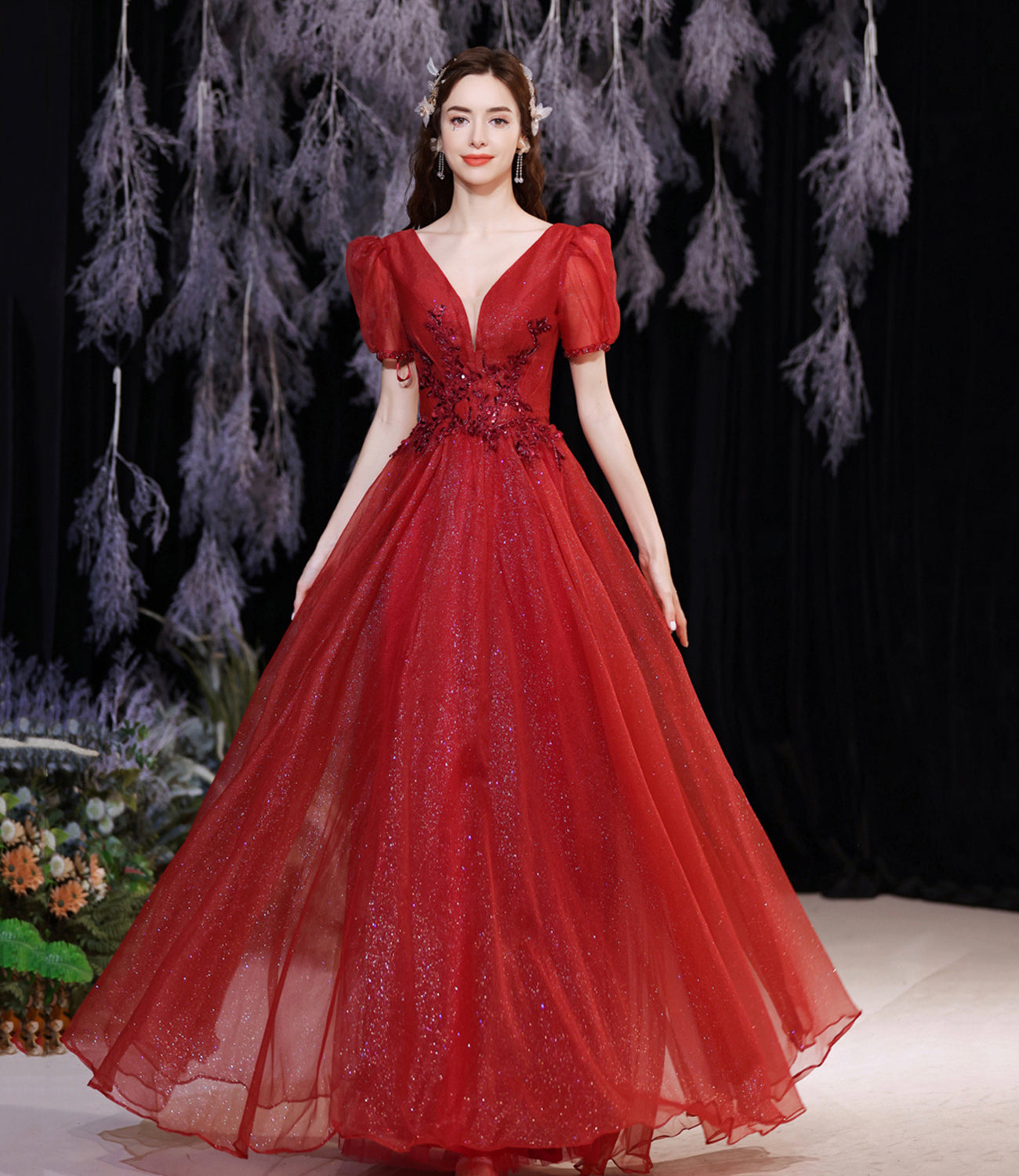 Red v neck tulle long A line prom dress evening dress  8738