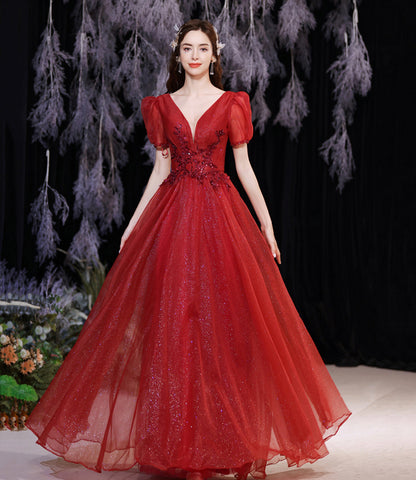 Red v neck tulle long A line prom dress evening dress  8738