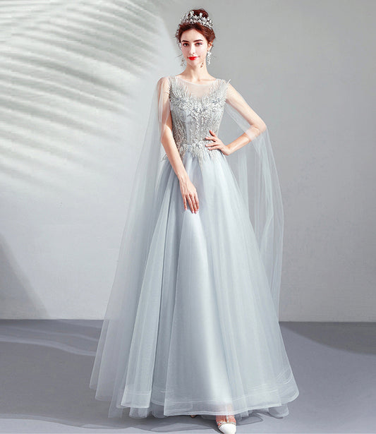 Gray tulle lace long prom dress A line evening dress  10509