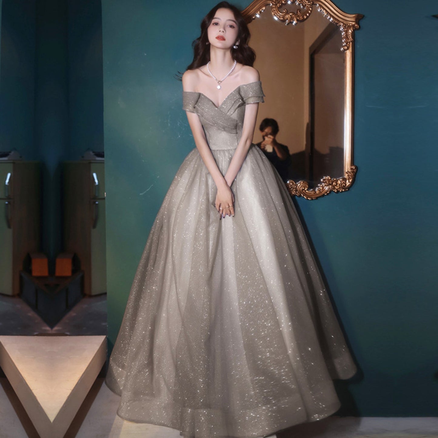 Cute tulle sequins long prom dress A line evening dress  8965