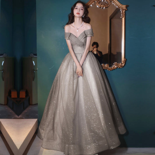 Cute tulle sequins long prom dress A line evening dress  8965