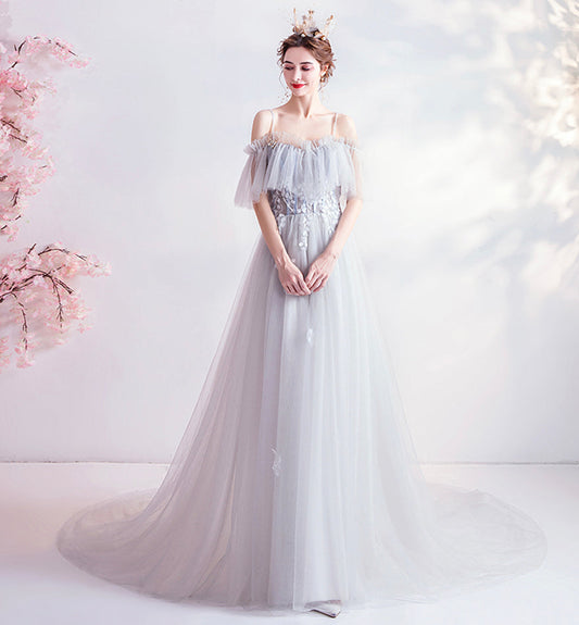 Gray tulle lace long prom dress evening dress  8453