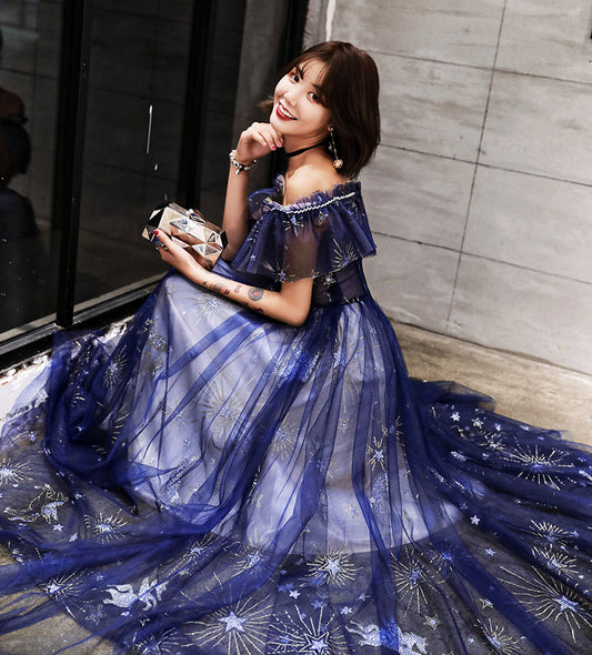 Blue tulle long prom dress with stars  8481