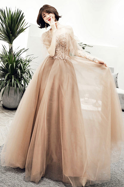Cute tulle lace long prom dress A line evening dress  10167