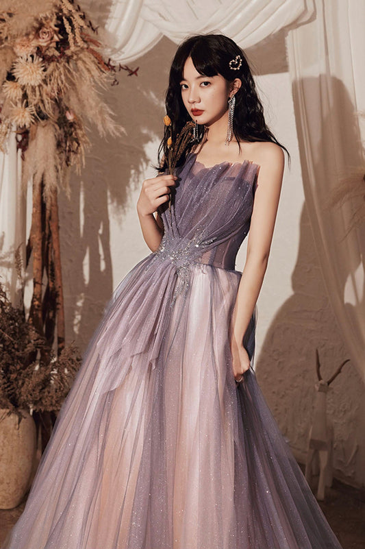 Purple tulle sequins long prom dress evening dress  10648