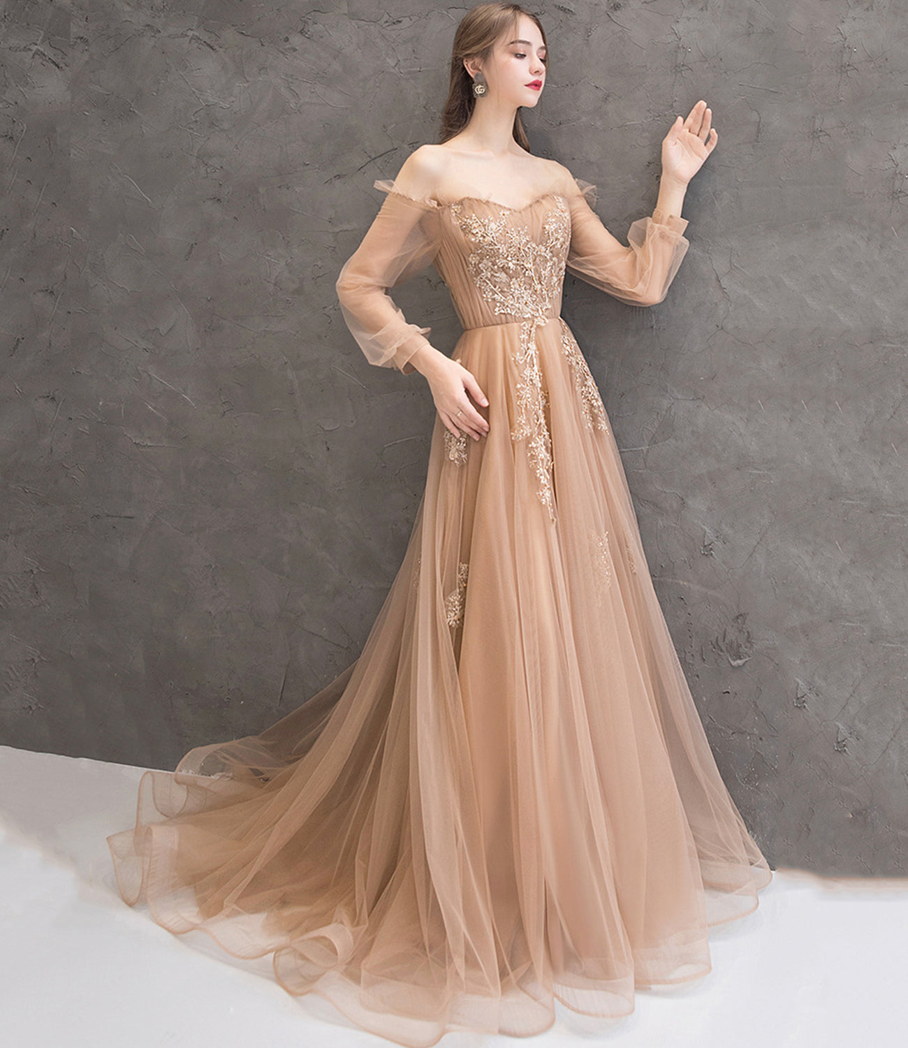 Elegant tulle lace long prom dress A line evening gown  10344