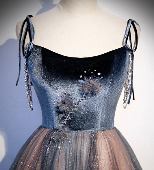 Blue tulle sequins long prom dress evening dress  8504