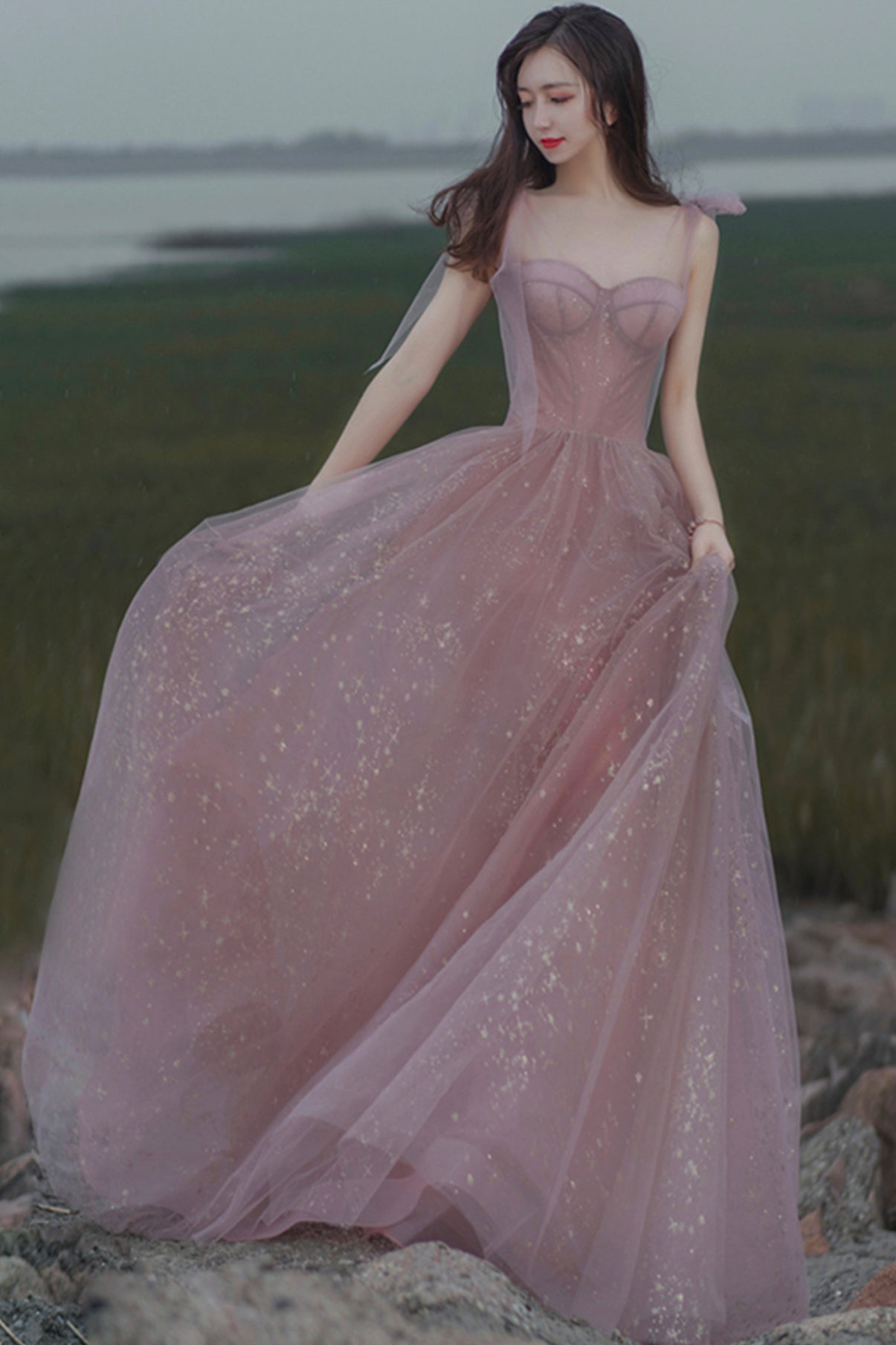 Pink A line prom dress pink tulle evening dress  8656