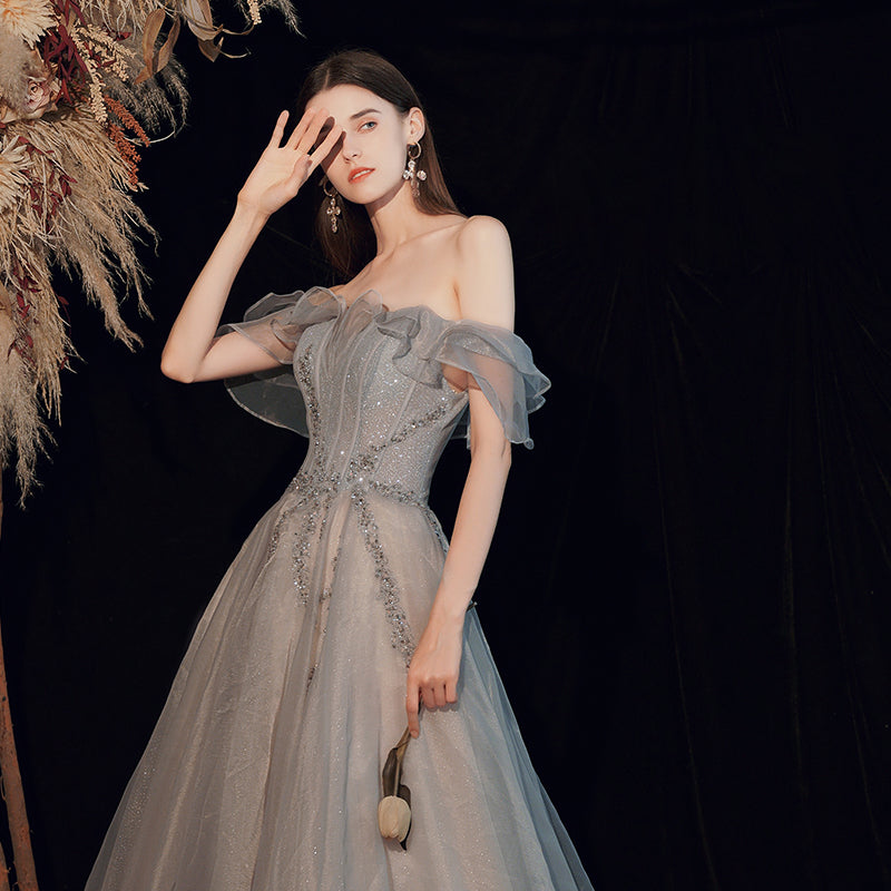 Shiny tulle long prom dress A line evening dress  8593