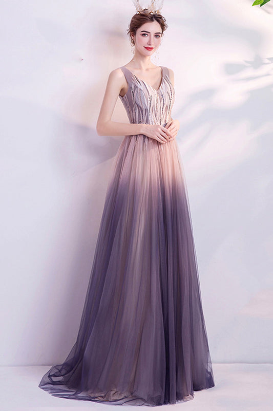 Purple gradient tulle long A line prom dress evening dress  8749