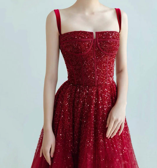 Burgundy sequins long prom dress evening dress  8976