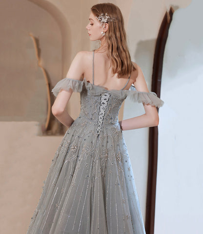 Gray tulle beads long prom dress A line evening dress  10425