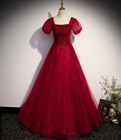 Burgundy tulle beads long ball gown dress formal dress  10142