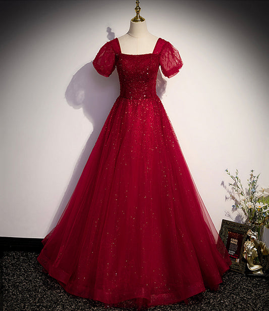 Burgundy tulle beads long ball gown dress formal dress  10142