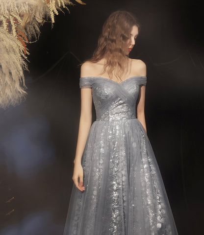 Grey long A line prom dress off shoulder evening dress  8592