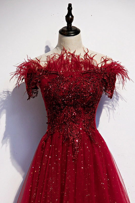 Burgundy tulle sequins long A line prom dress evening dress  8710