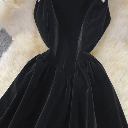 Black Velvet Short Dress Black Fashion Dress  10711