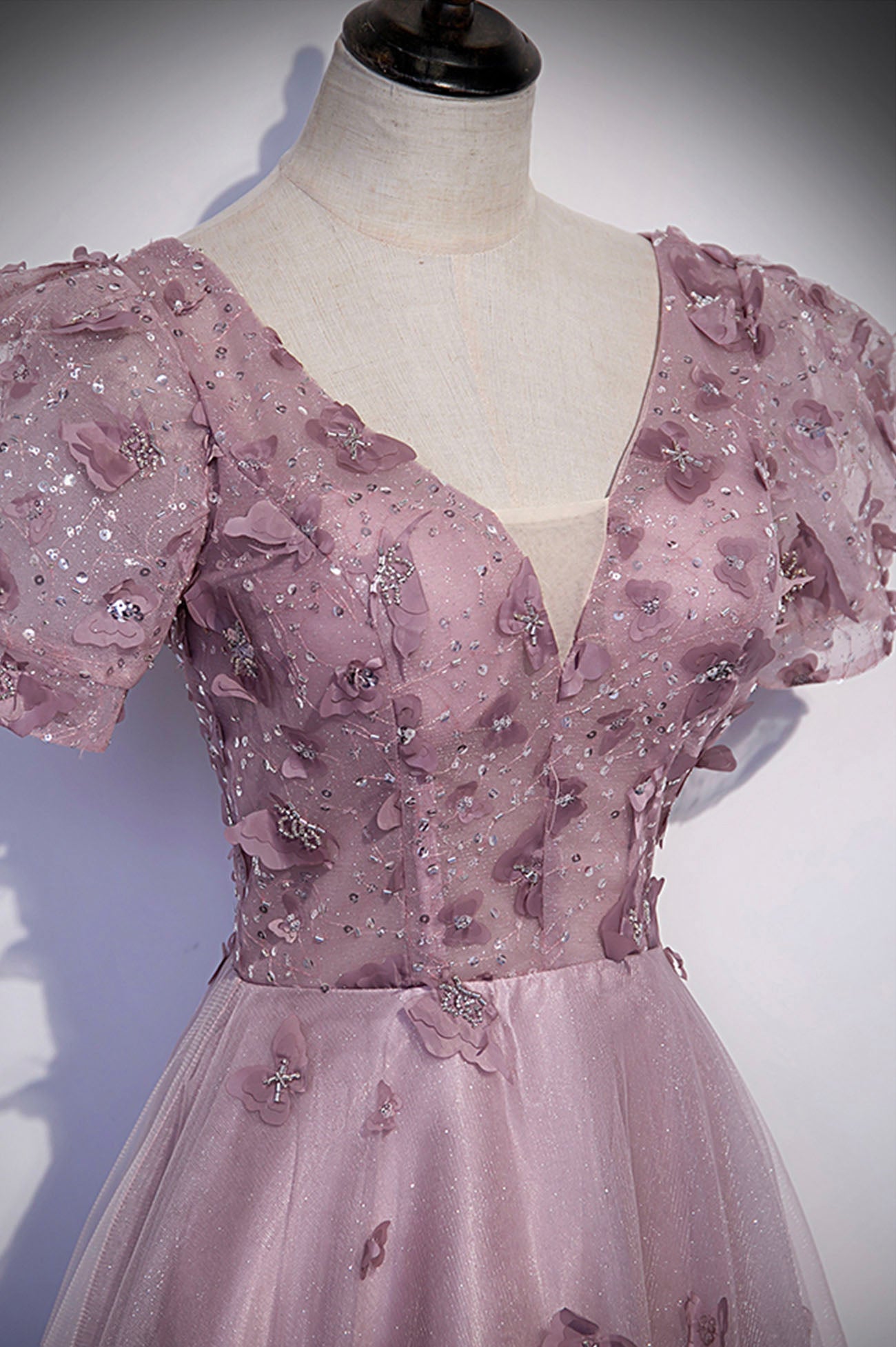 Pink tulle sequins long prom dress pink evening dress  10181