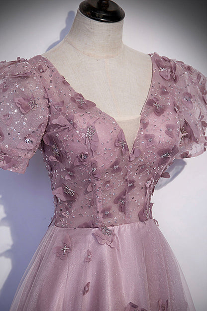 Pink tulle sequins long prom dress pink evening dress  10181