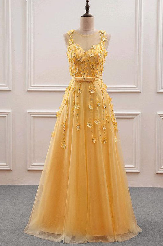 A-Line  Yellow Tulle Long Prom Dress With 3D Flowers,WP281