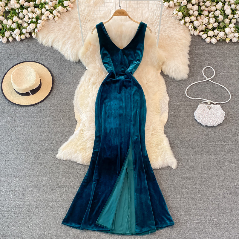 Sexy V Neck Velvet Long Dress Fashion Dress  10782