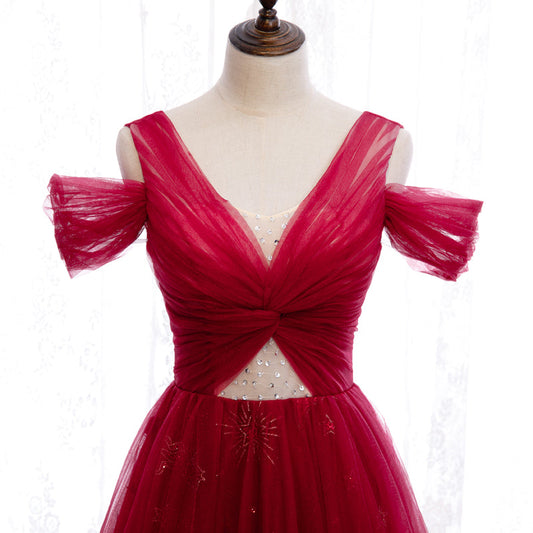 Burgundy tulle beads long prom dress  8260