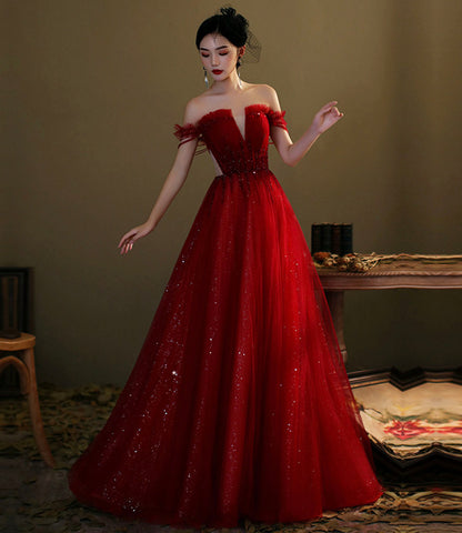 Red tulle sequins long prom dress evening gown  10276