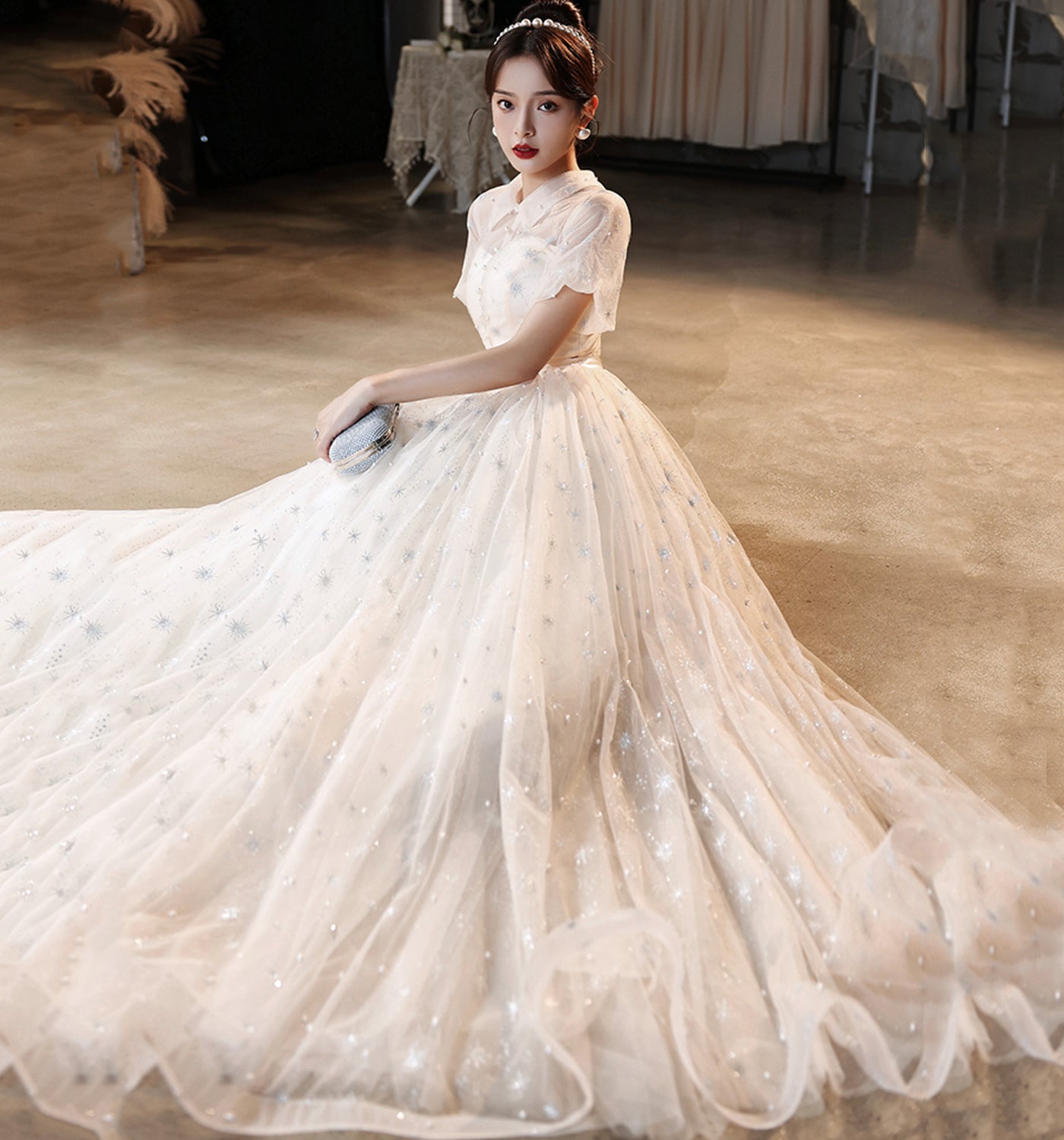 Cute tulle sequins long prom dress evening gown  10022