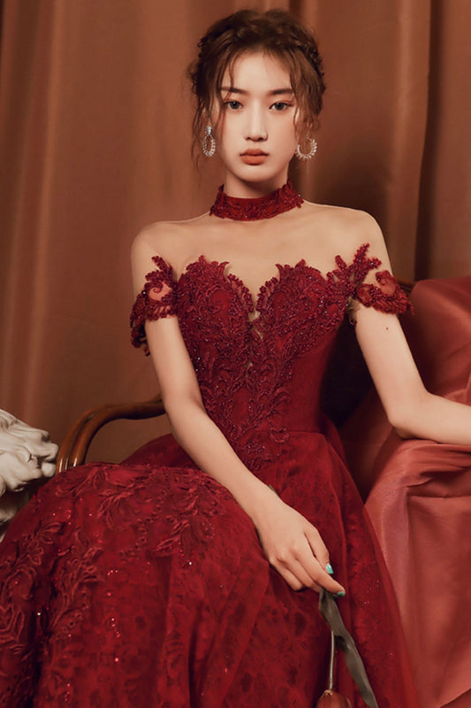 Burgundy tulle beads long A line prom dress evening dress  8761